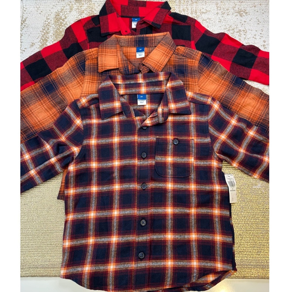 OLD NAVY Toddler Boys Long Sleeve Plaid Flannel Button Down Shirts Bundle NWT 3T